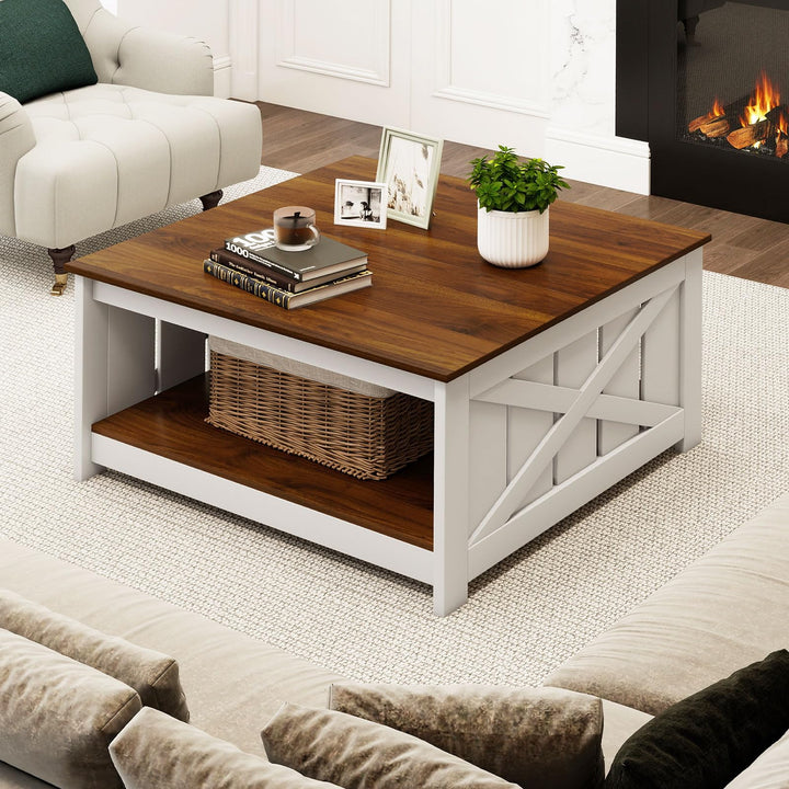 Giantex Farmhouse Coffee Table 31 Inch Square Wood Coffee Table with Storage Shelf
