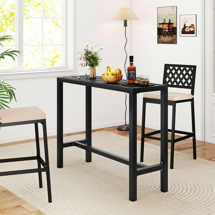 Giantex 48" Outdoor Rectangle Bar Table with Counter Height Slatted Top & Footrest, Black