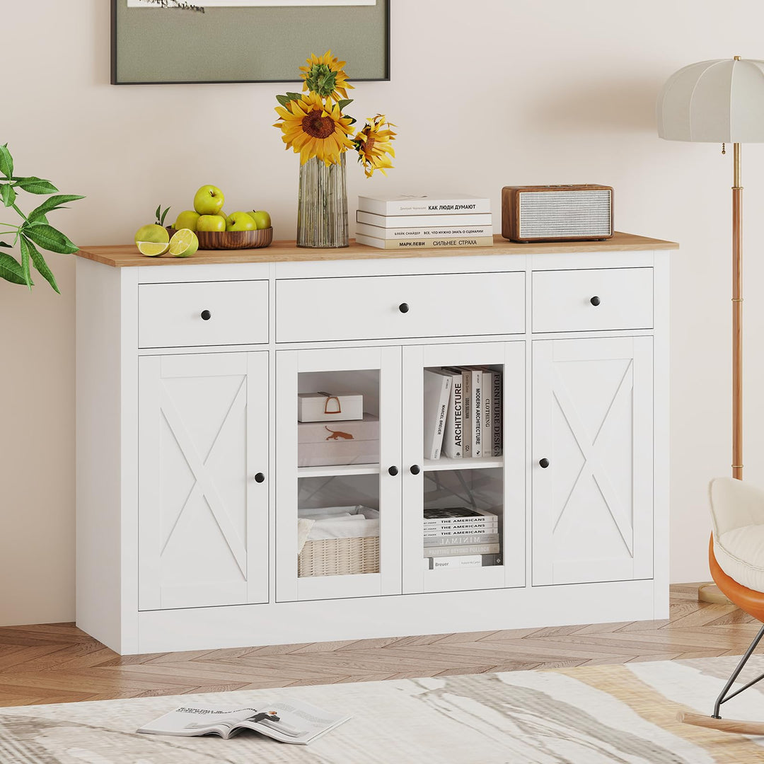 Giantex 55" Large Buffet Sideboard with 3 Drawers & 2 See-Through Doors
