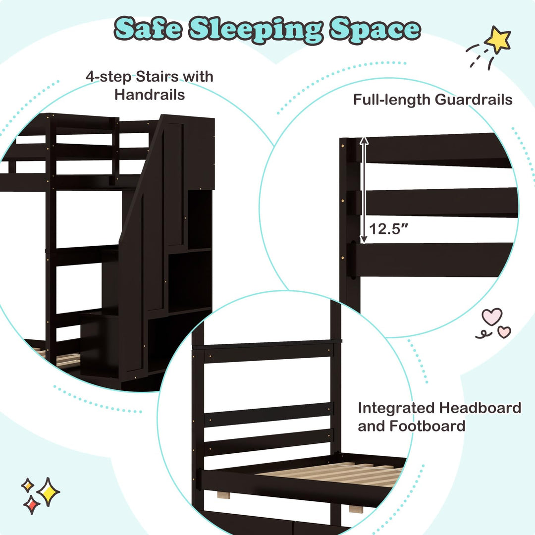 Giantex Bunk Bed Twin Over Twin with Storage Stairs & Drawers, Solid Wood Bunk Bed with Full-Length Guardrails