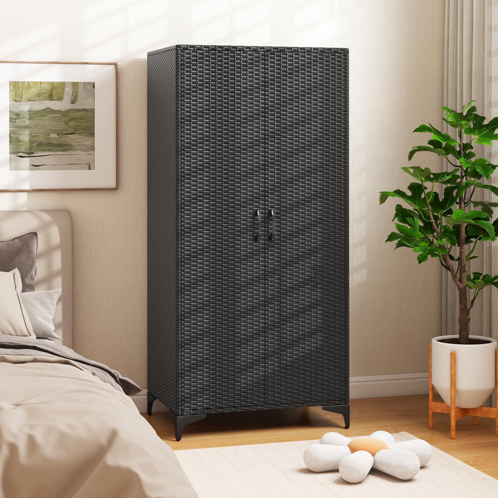 Giantex Wicker Storage Cabinet, 62” Tall Pantry Cabinet with 2 Doors, Hanging Rod, 4 Storage Cubes