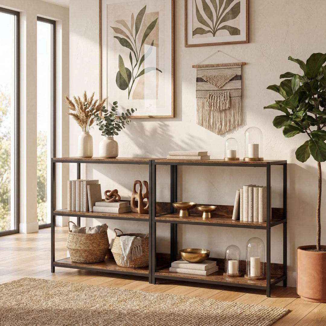 Giantex Industrial 3-Tier Small Bookshelf with Wooden Shelves and Metal Frame