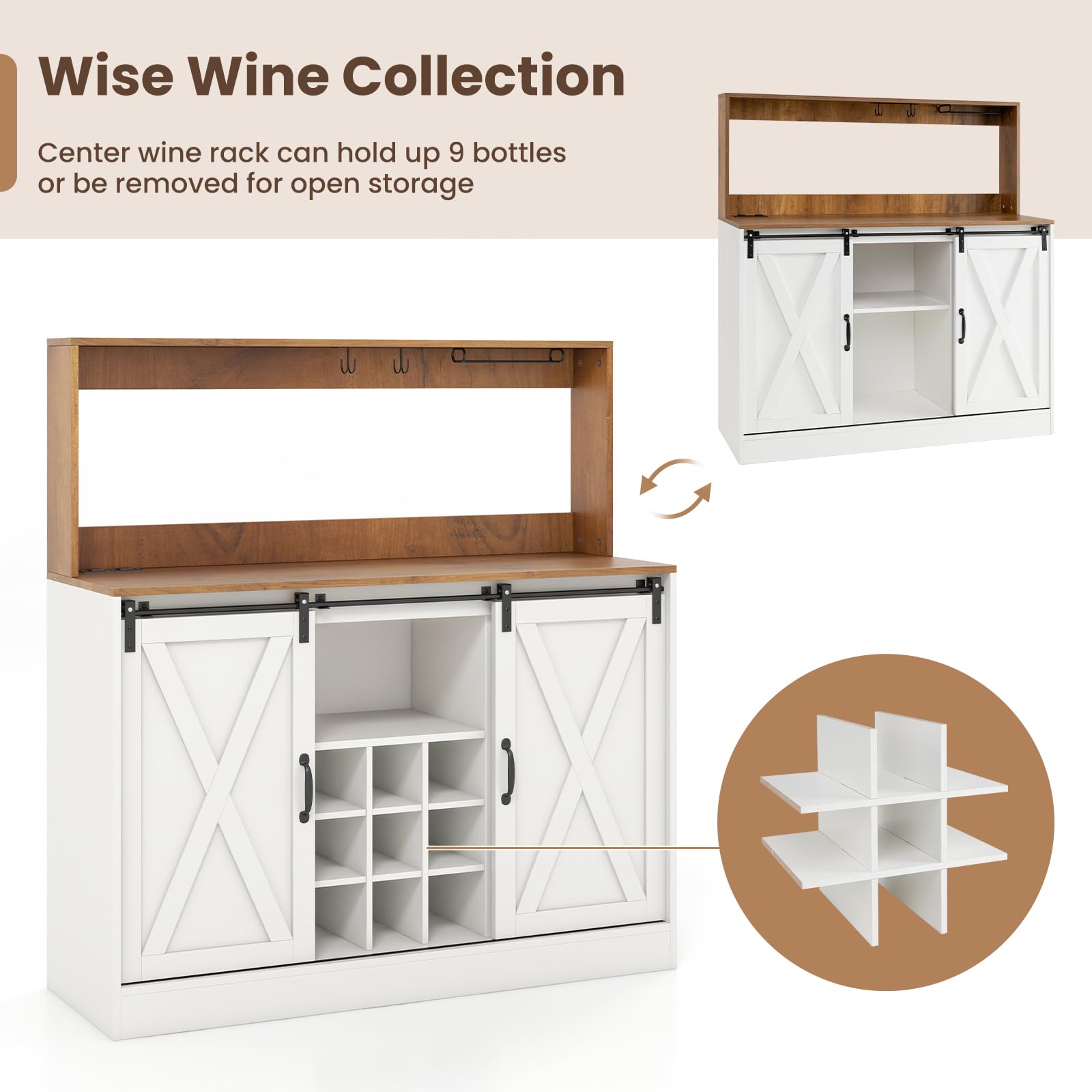Giantex Farmhouse Buffet Cabinet with Hutch, Charging Station, 9 Bottle Wine Rack, Cup Glass Holder