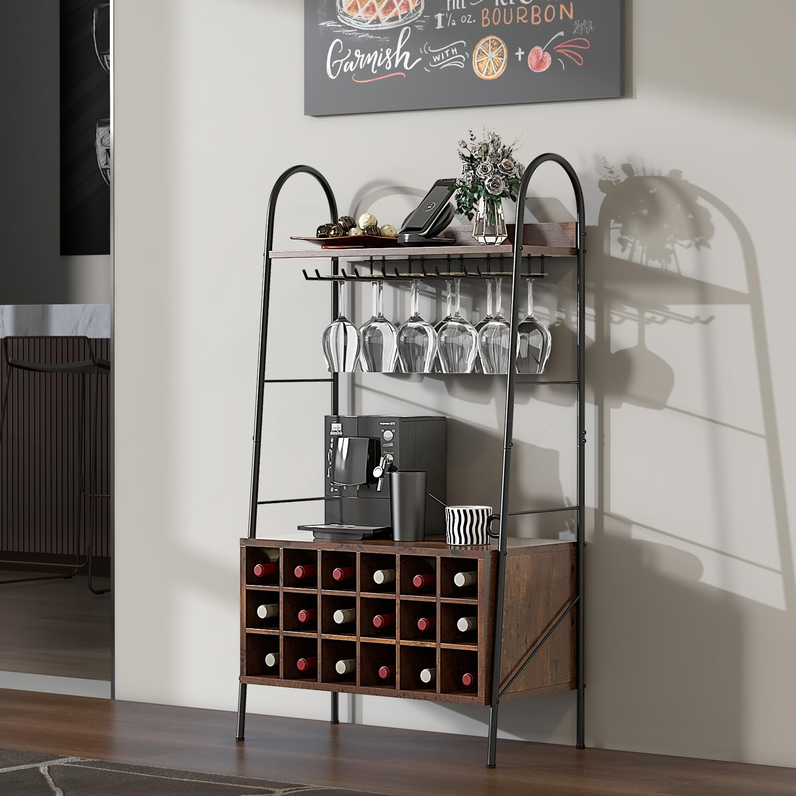 Giantex 18-Bottle Wine Rack Freestanding Floor, Kitchen Baker’s Rack w/ 15 Glasses Holder, Rustic Brown