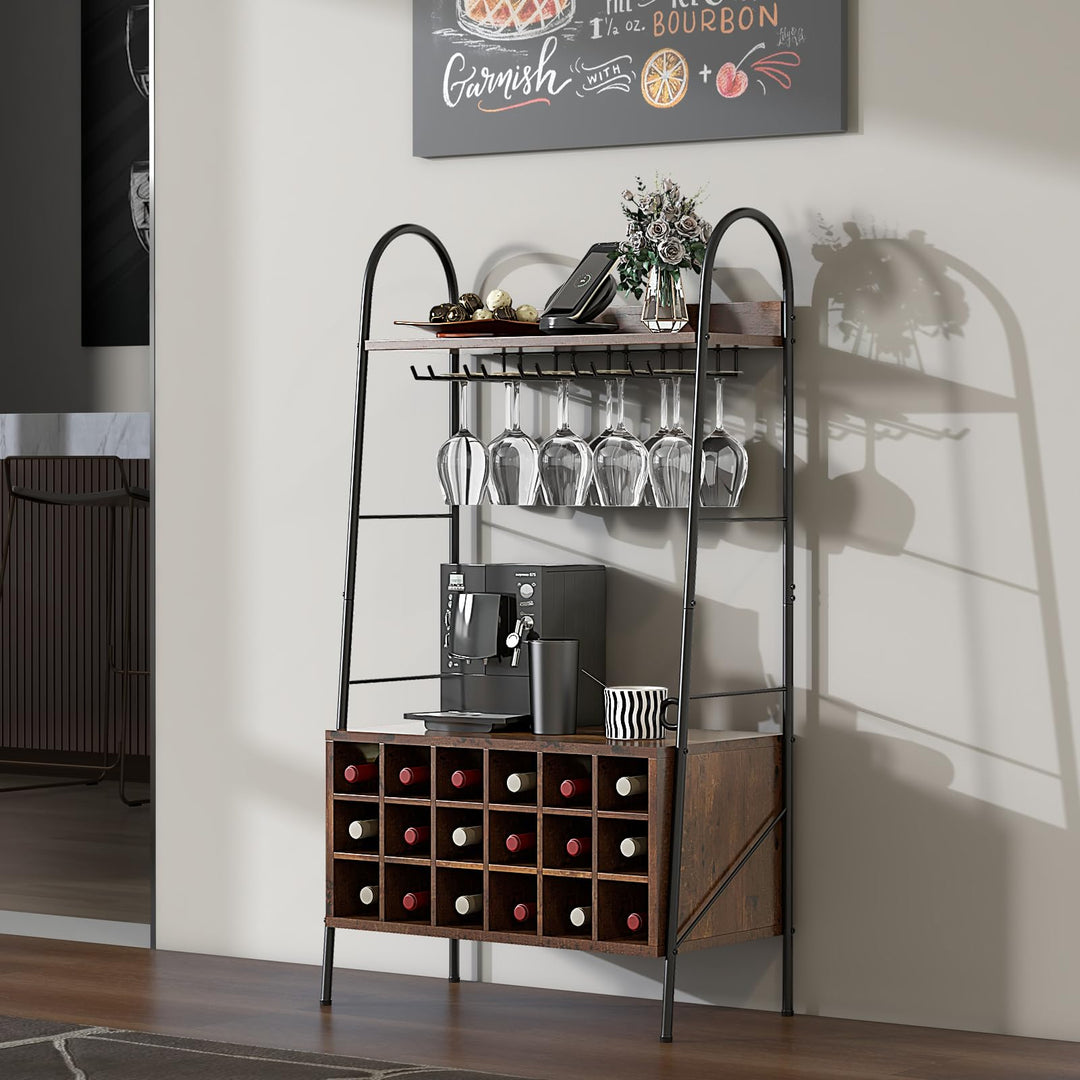 Giantex 18-Bottle Wine Rack Freestanding Floor, Kitchen Baker’s Rack w/ 15 Glasses Holder, Rustic Brown