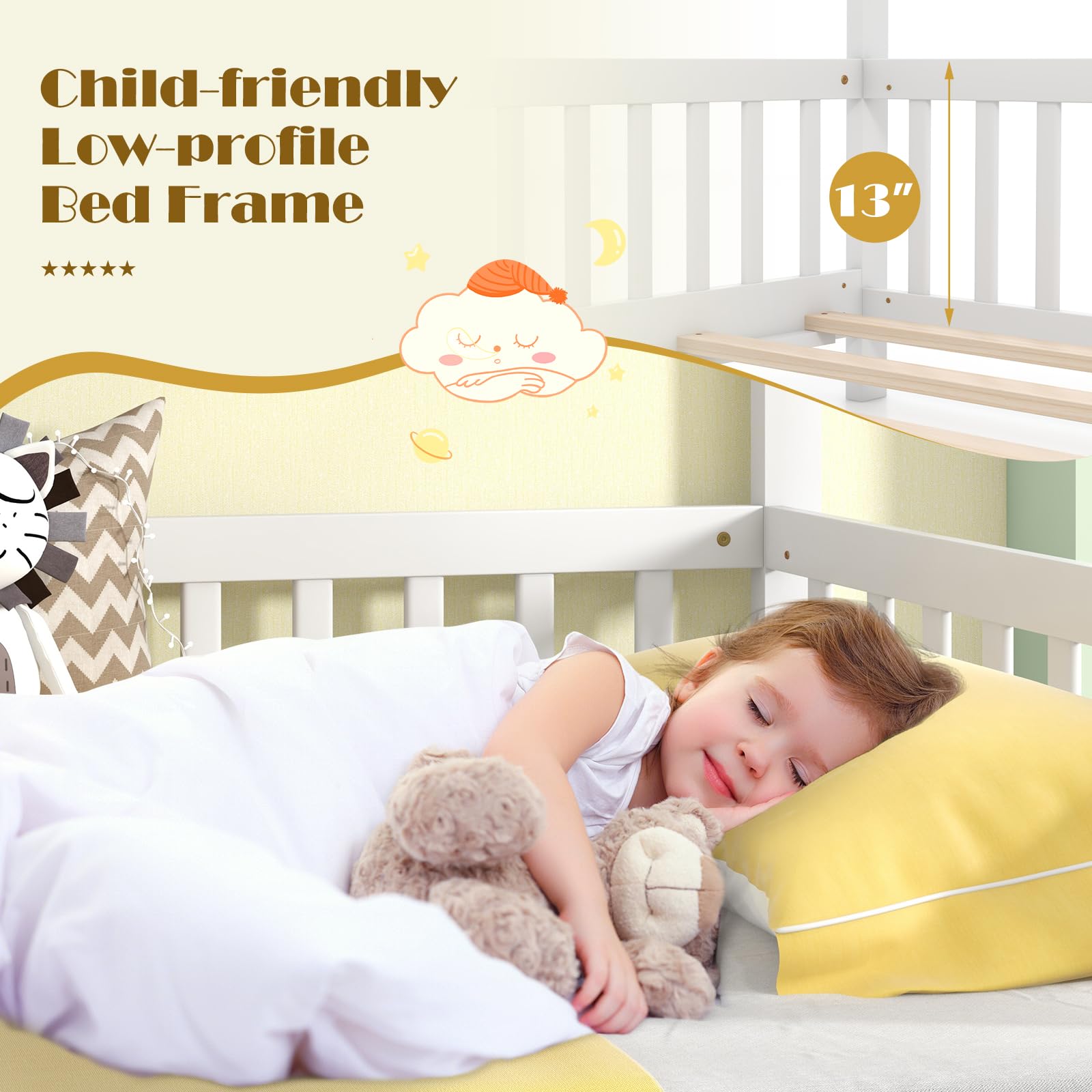 Giantex Extendable House Bed for Kids, Twin to King Daybed with Roof & Fence Rails, Wood Kids Bed Frame for Teens