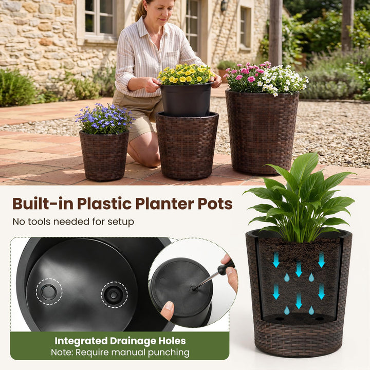 Giantex Set of 3 Plastic Planters | 14 &amp; 11 &amp; 9 Inch Taper Rattan Planters with Drainage Holes and Saucers