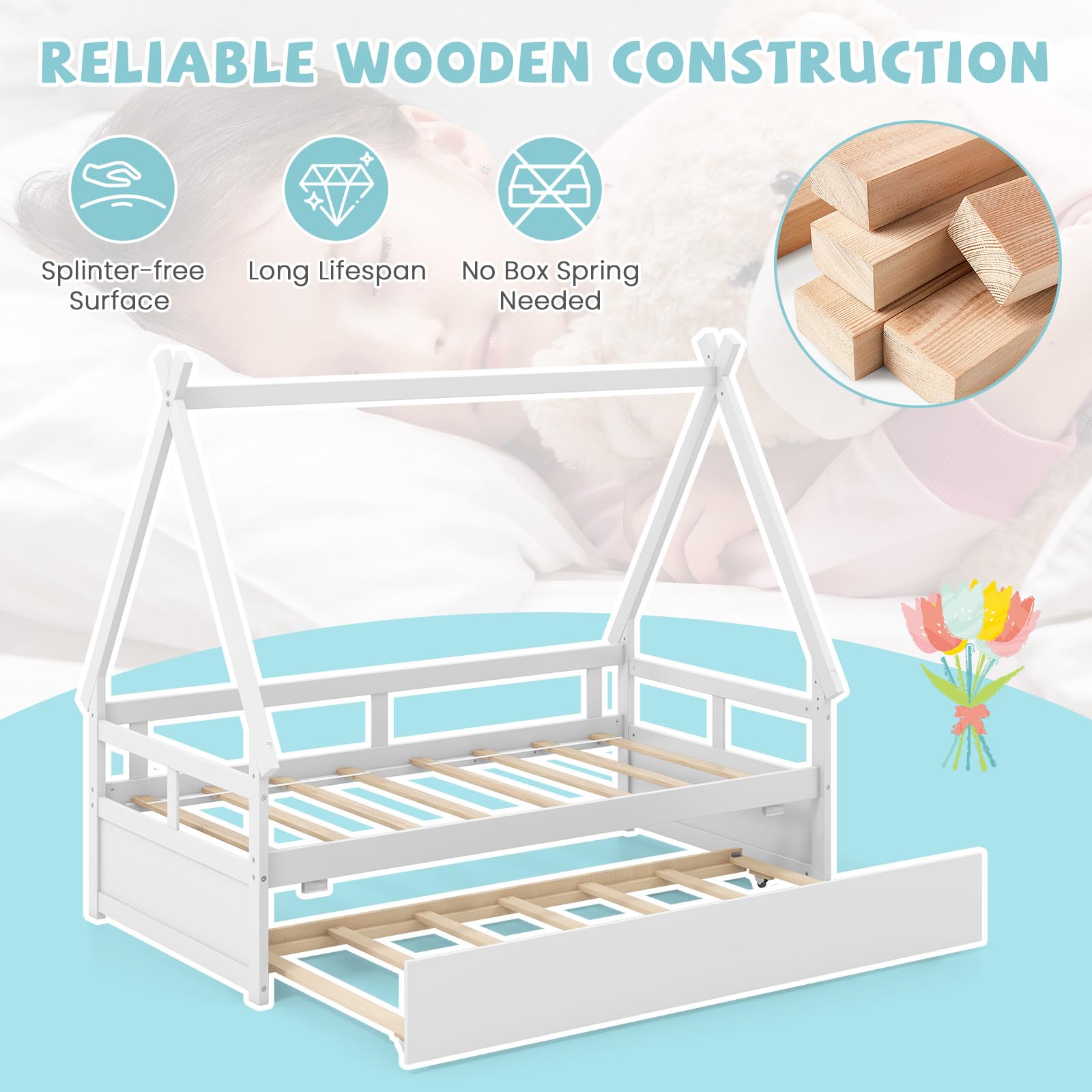 Giantex Twin House Bed with Trundle, Wood Montessori Tent Bed Frame with Safety Guardrail