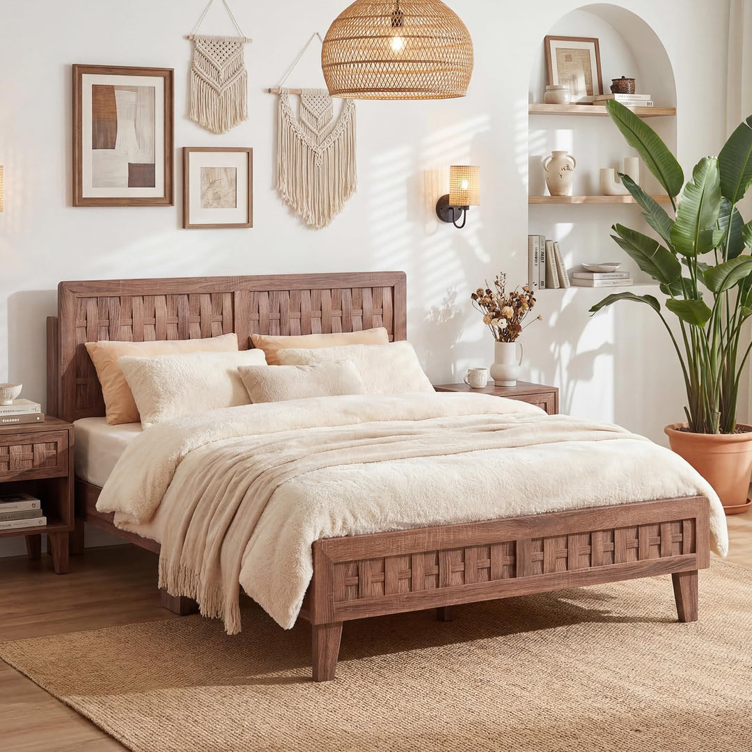Giantex Wood Bed Frame with Woven Headboard (Full/Twin/Queen)