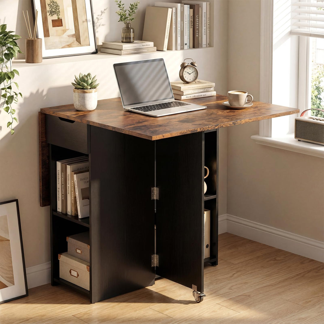 Giantex 47.5" Folding Dining Table | Drop Leaf Wooden Dinner Table with 2-Tier Storage Shelf and Drawer