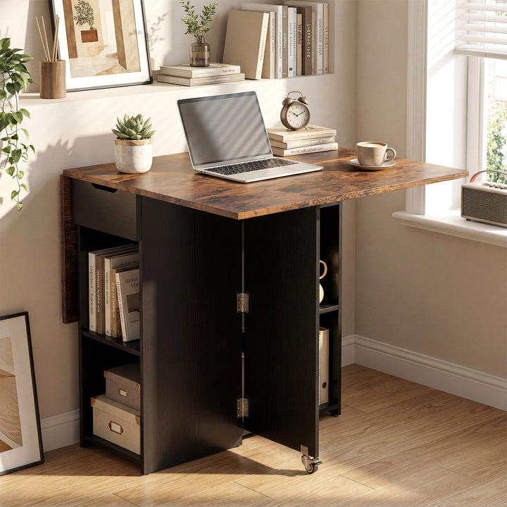 Giantex 47.5" Folding Dining Table | Drop Leaf Wooden Dinner Table with 2-Tier Storage Shelf and Drawer