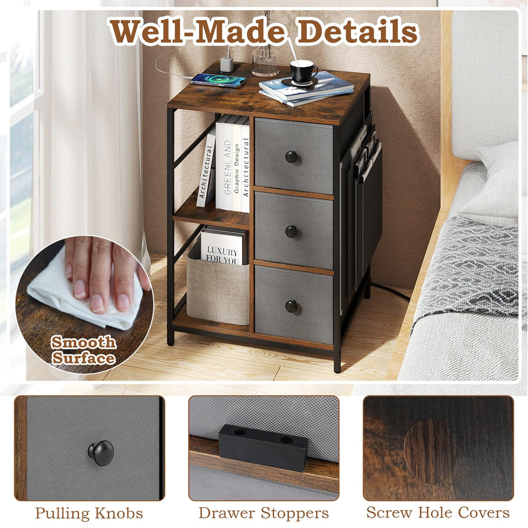 Giantex Industrial Nightstand with Charging Station - End Side Table w/3 Fabric Drawers