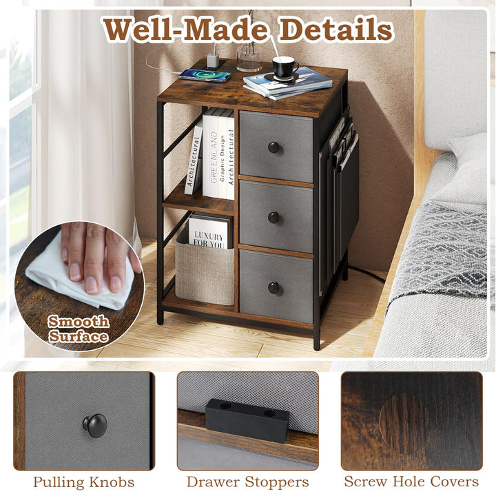 Giantex Industrial Nightstand with Charging Station - End Side Table w/3 Fabric Drawers
