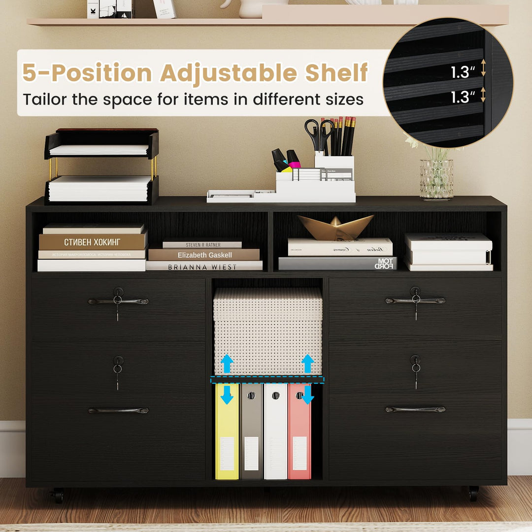Giantex 4-Drawer Lateral File Cabinet with Lock & 5 Rolling Wheels (2 Lockable)