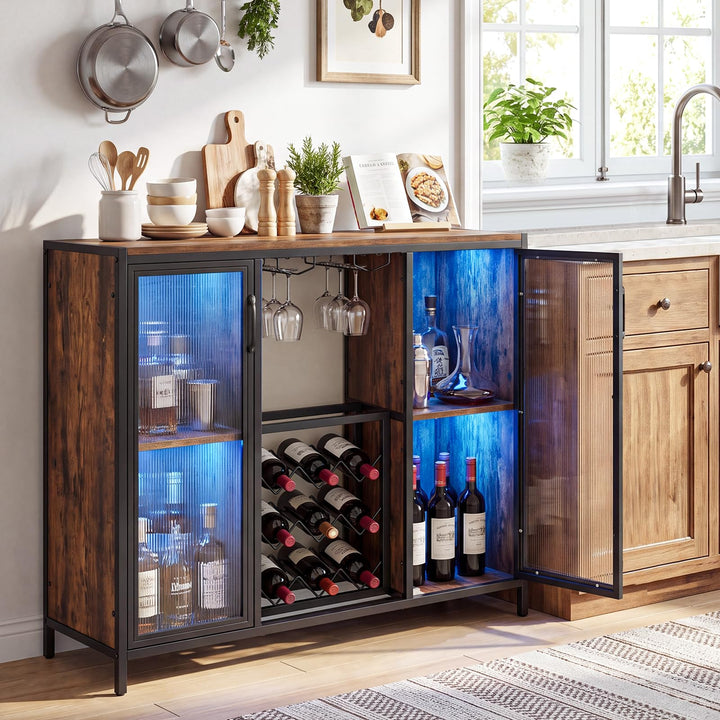 GIANTEX Modern Coffee Bar Cabinet with Wine Racks &amp; LED Lights