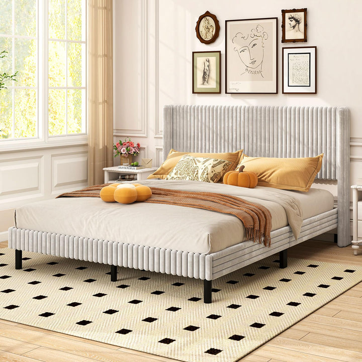 Giantex Queen Velvet Bed Frame Upholstered Platform Bed with Vertical Tufted Wingback Headboard