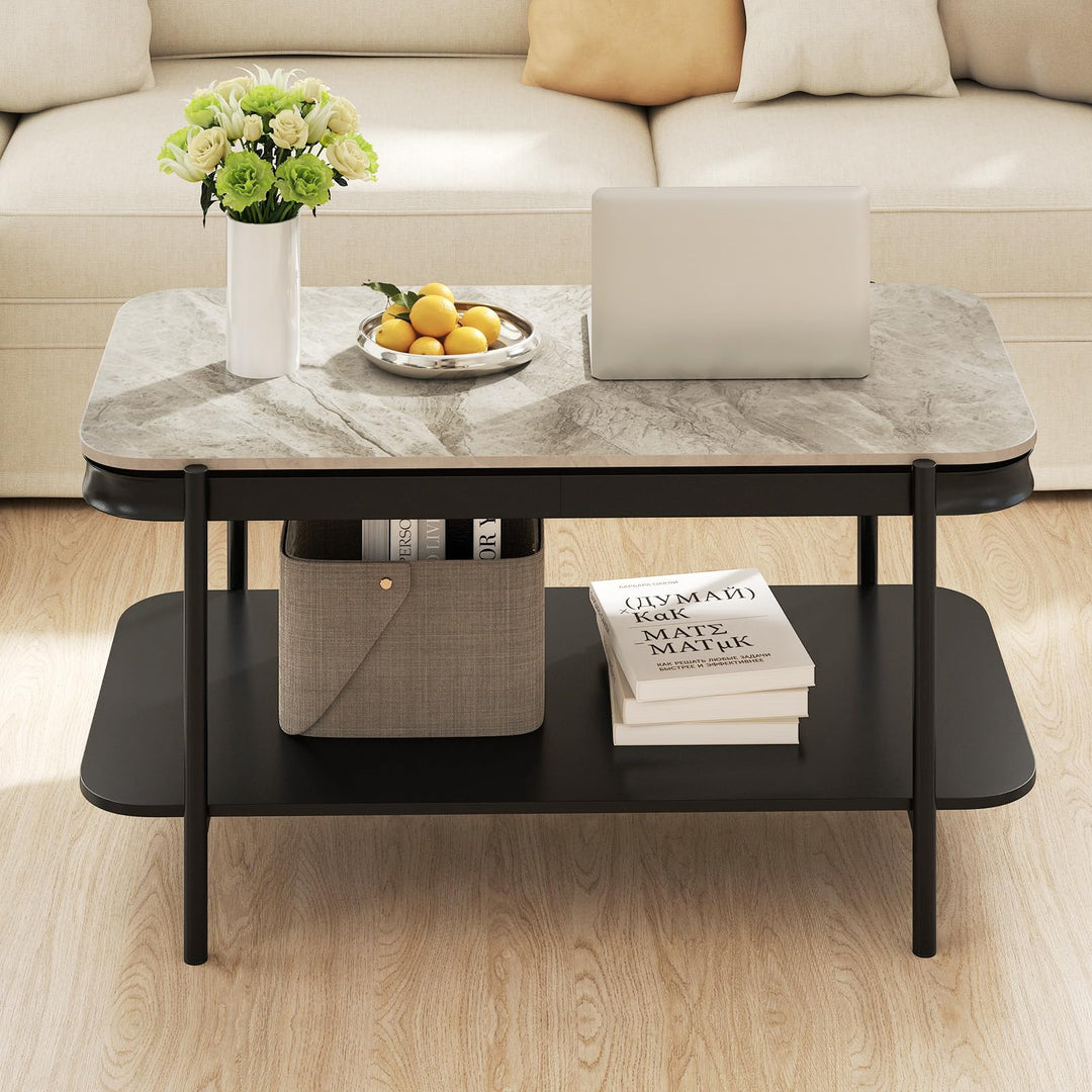 Giantex 2-Tier Coffee Table with Storage Faux Mable Center Table w/Sintered Stone Top