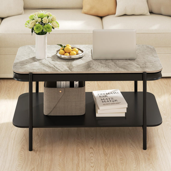 Giantex 2-Tier Coffee Table with Storage Faux Mable Center Table w/Sintered Stone Top