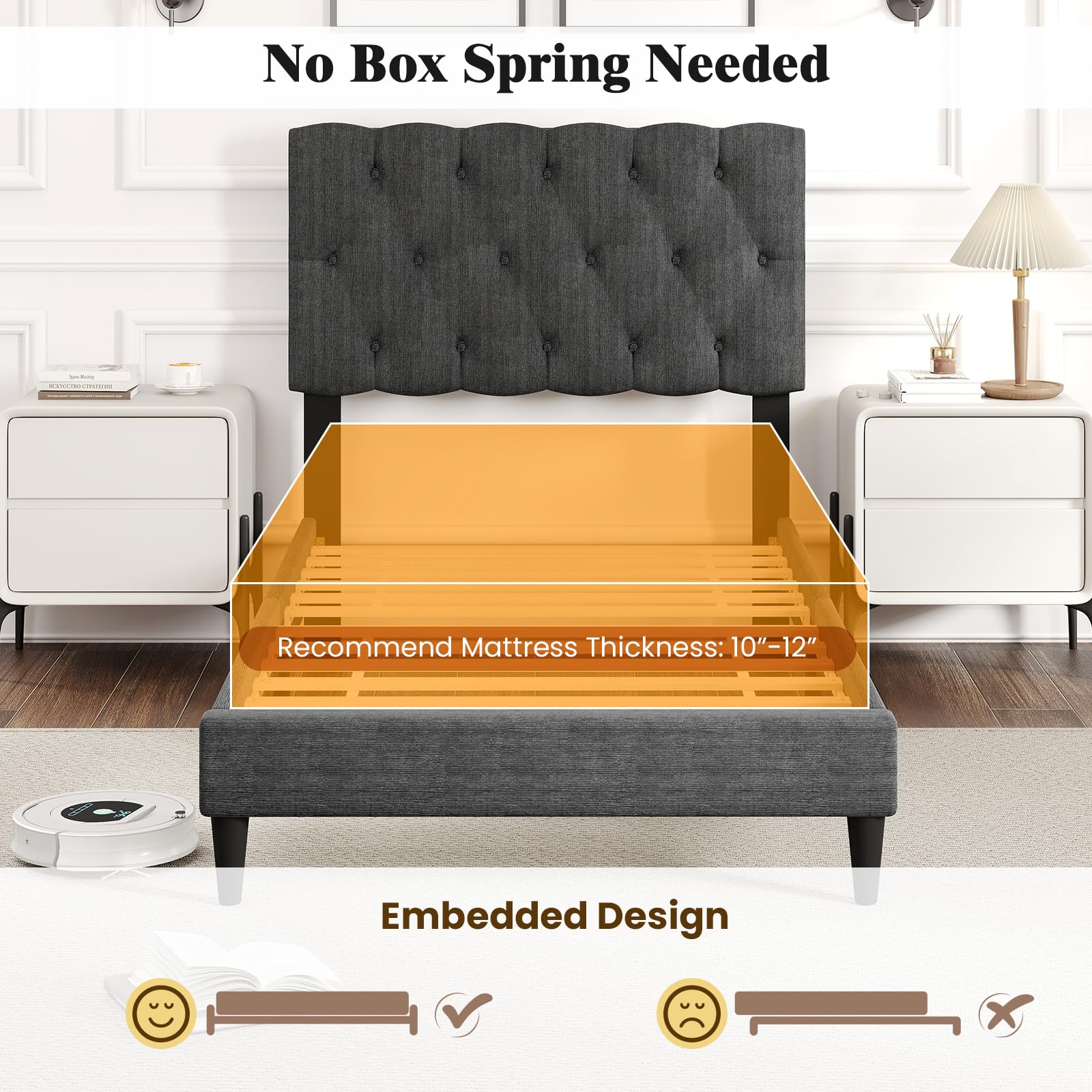 Modern Upholstered Platform Bed Frame with Diamond Tufting Headboard