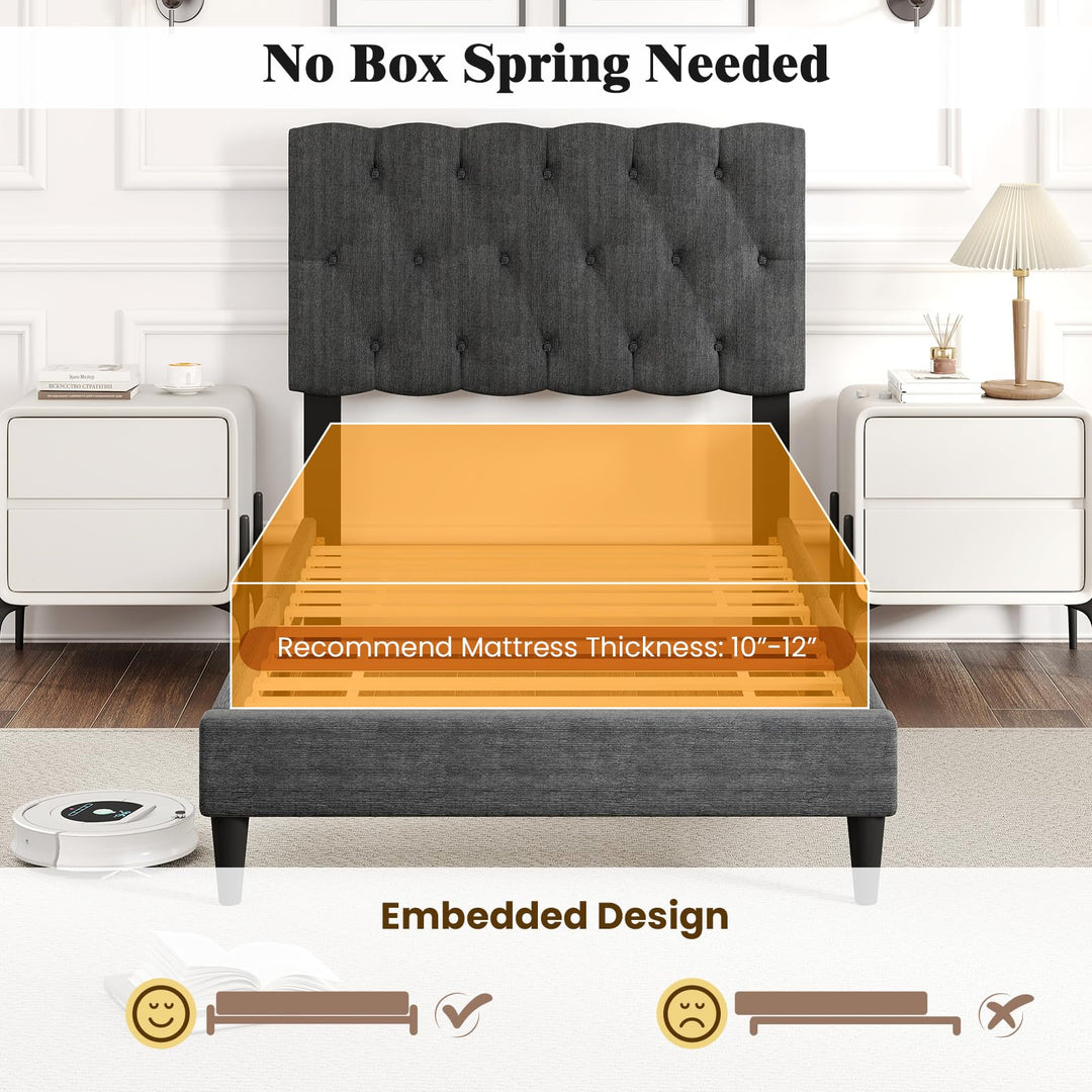 Modern Upholstered Platform Bed Frame with Diamond Tufting Headboard