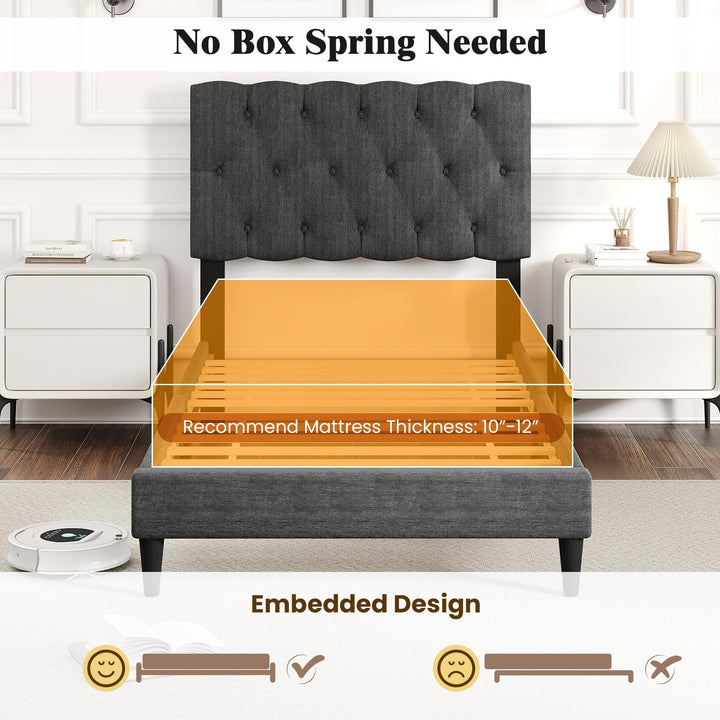 Modern Upholstered Platform Bed Frame with Diamond Tufting Headboard