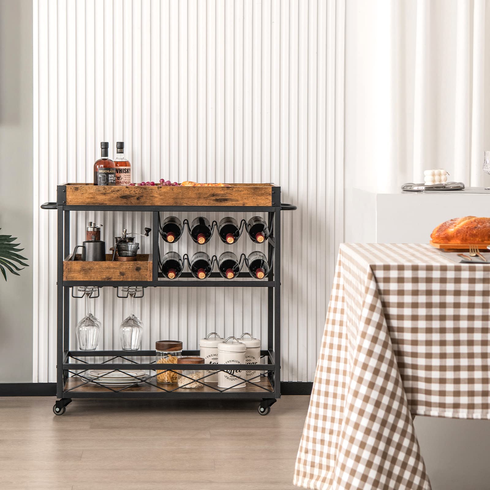 Giantex Home Bar Serving Cart, 3-Tier Rolling Bar Cart with Removable Tray, Wine Rack & Glass Holder, Rustic Brown
