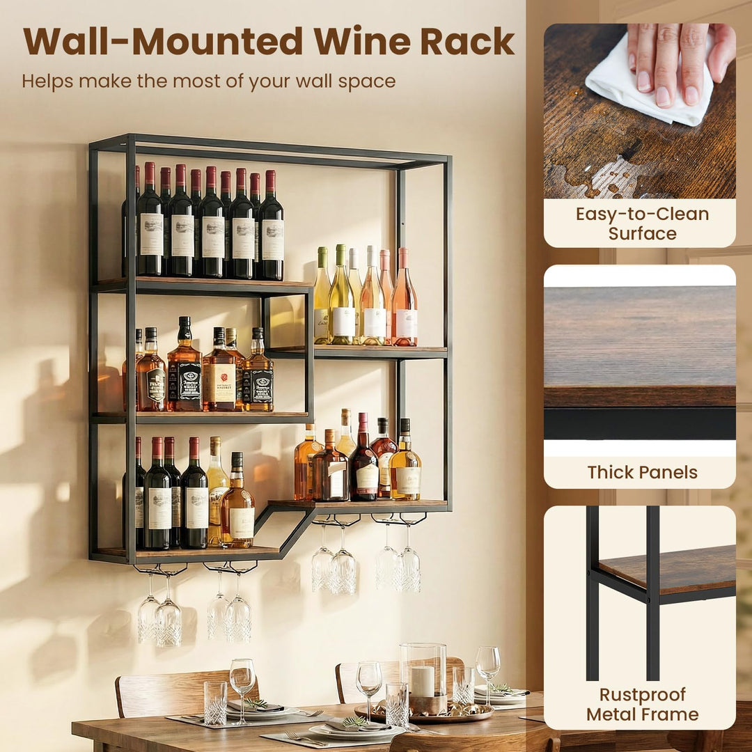 Giantex Wall Mounted Wine Rack 6-Tier Hanging Bar Shelf with Bottle Display Shelf and Glass Holder