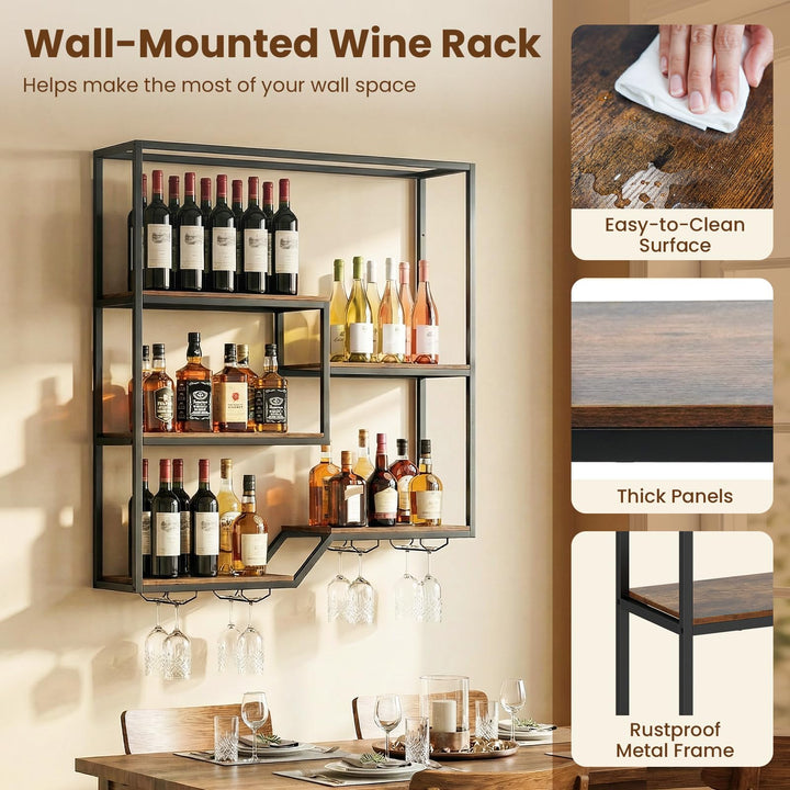 Giantex Wall Mounted Wine Rack 6-Tier Hanging Bar Shelf with Bottle Display Shelf and Glass Holder