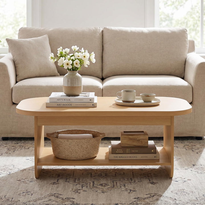 Giantex 47" Mid Century Oval Coffee Table with Storage Shelf &amp; Round Corner