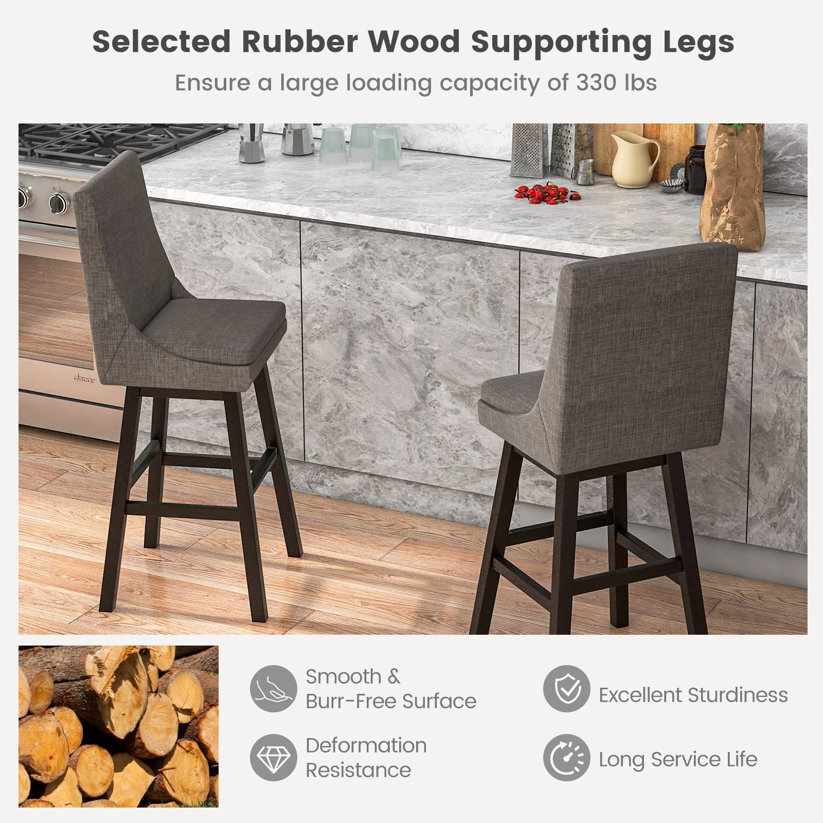 Giantex Bar Stools Set of 2, 30.5" Bar Height 360-degree Swivel Barstools with Rubber Wood Legs, Gray