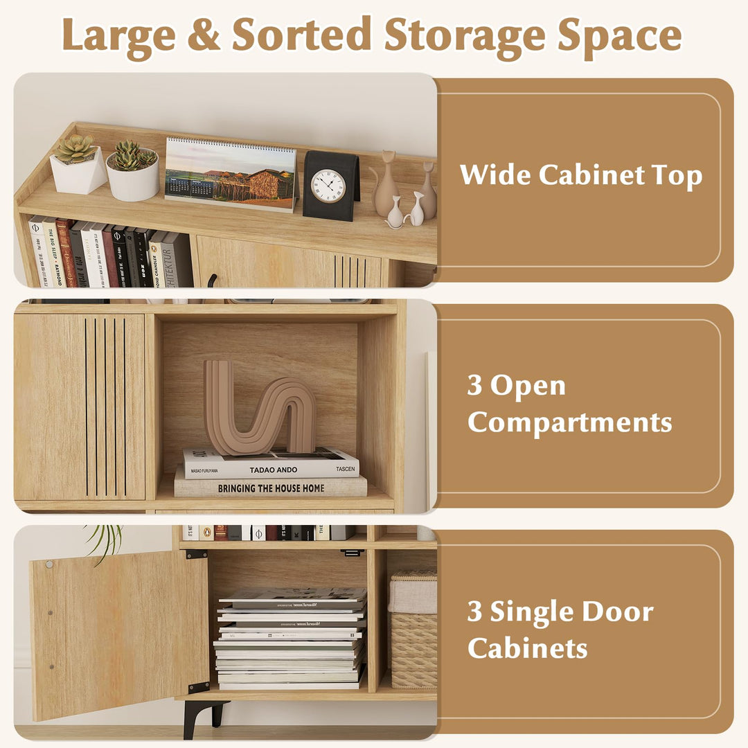 Giantex Storage Cabinet, Sideboard with 3 Doors, 3 Open Compartments, Bookcase with 5 Raised Metal Legs