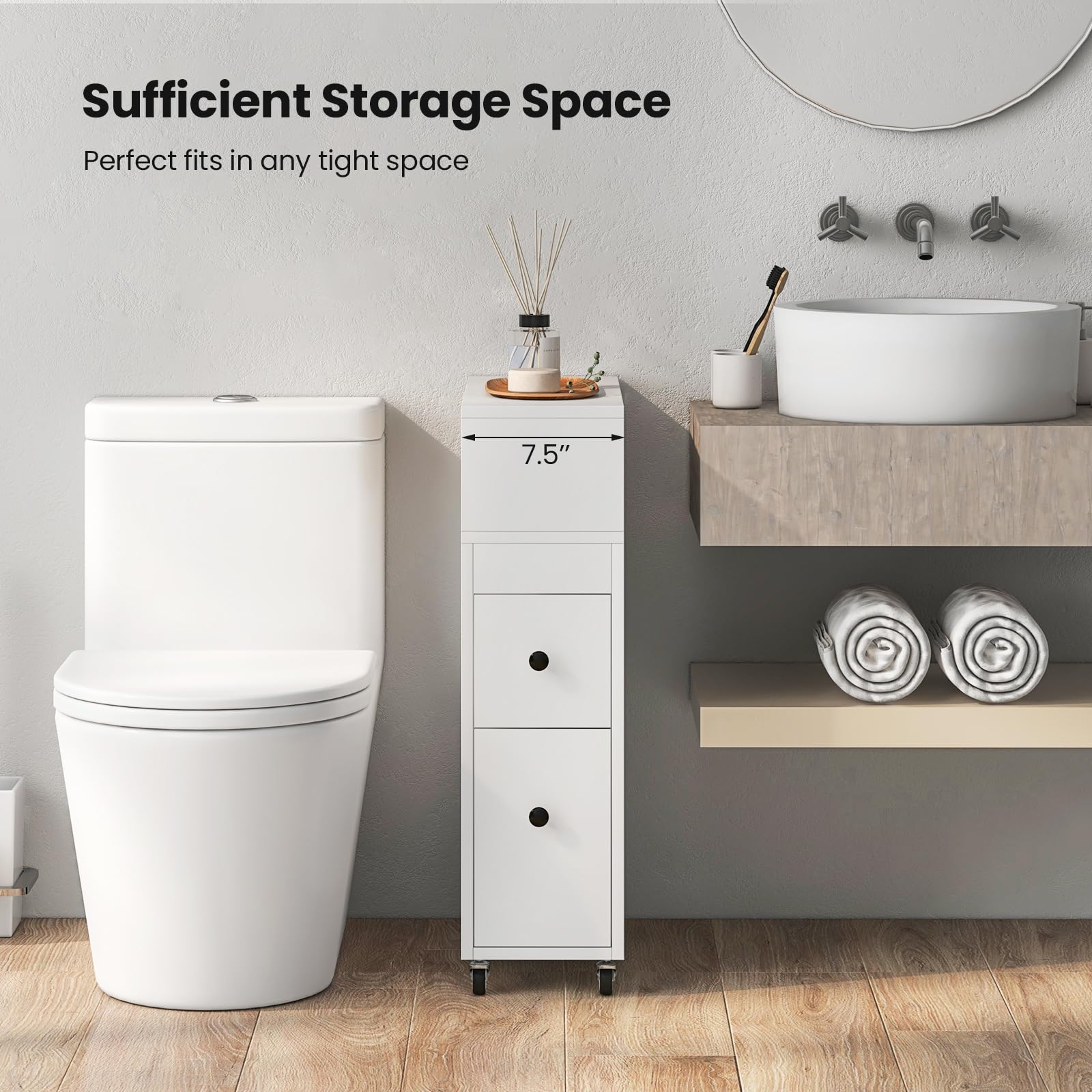 Giantex Small Bathroom Storage Cabinet - Slim Bathroom Organizer with Wheels, 2 Drawers, 2 Baskets