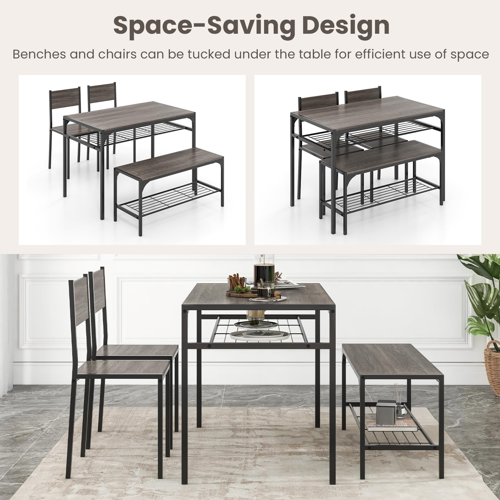 Giantex Dining Table Set for 4, Kitchen Table with Chairs & Bench, Storage Racks