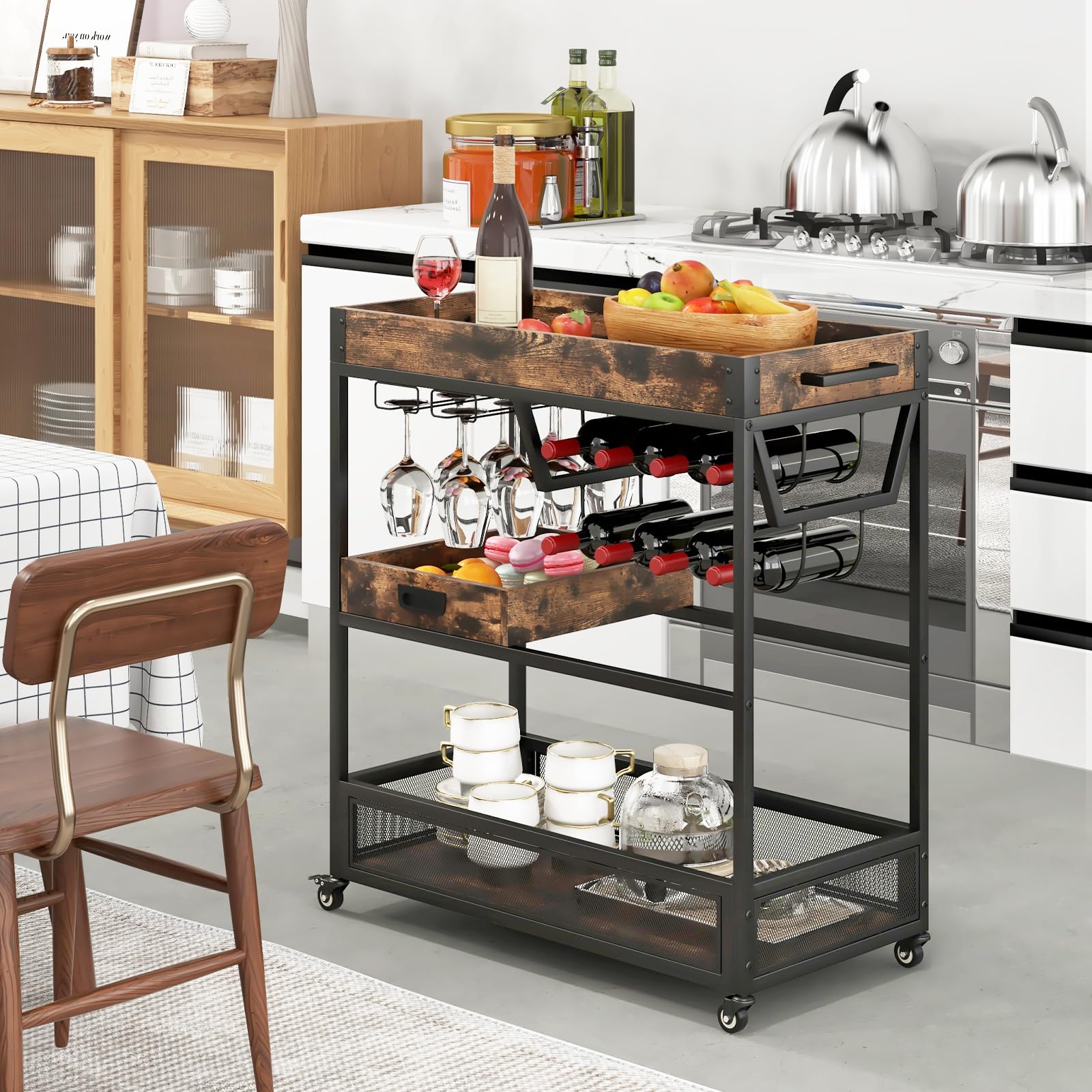 Giantex Rolling Bar Cart, 3-Tier Industrial Buffet Serving Cart with Wine Rack, Stemware Rack & Removable Tray