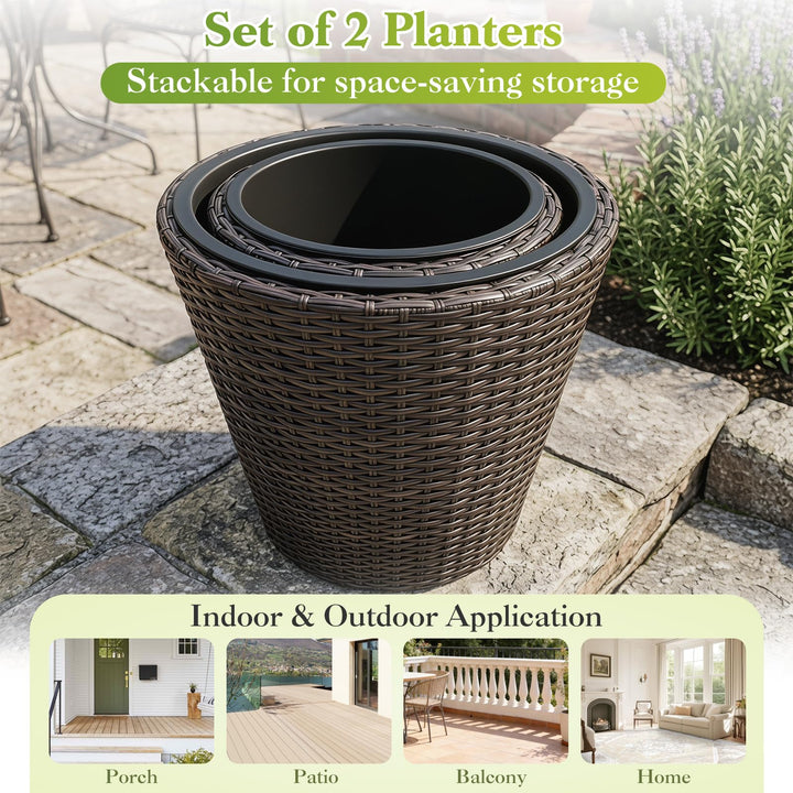 Giantex Set of 2 Plastic Planters | 15 Inch &amp; 11.5 Inch Taper Rattan Planters with Drainage Holes