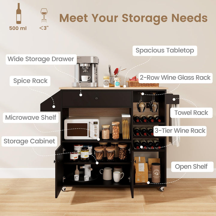Giantex Rolling Kitchen Island Cart with Drop Leaf, Power Outlet, Spice Rack, 12 Wine Rack