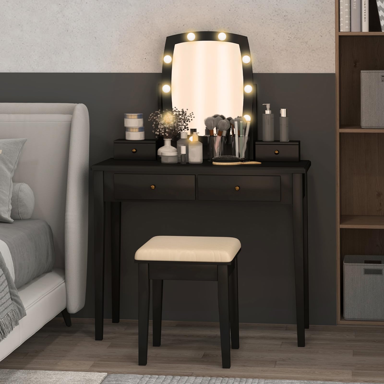 CHARMAID Vanity Desk with Mirror and Lights, Makeup Vanity Table with Swivel Mirror, Girls Bedroom Makeup Dressing Table with Stool