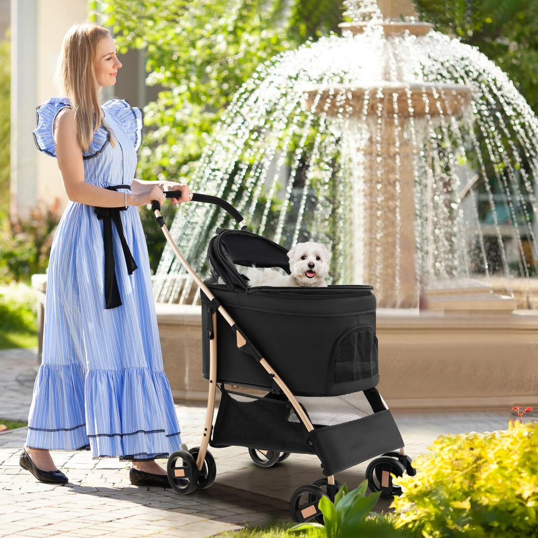 giantex dog stroller Giantex Pet Stroller 3-in-1, Folding Dog Stroller Detachable Carrier Car Seat (Black & Gold)