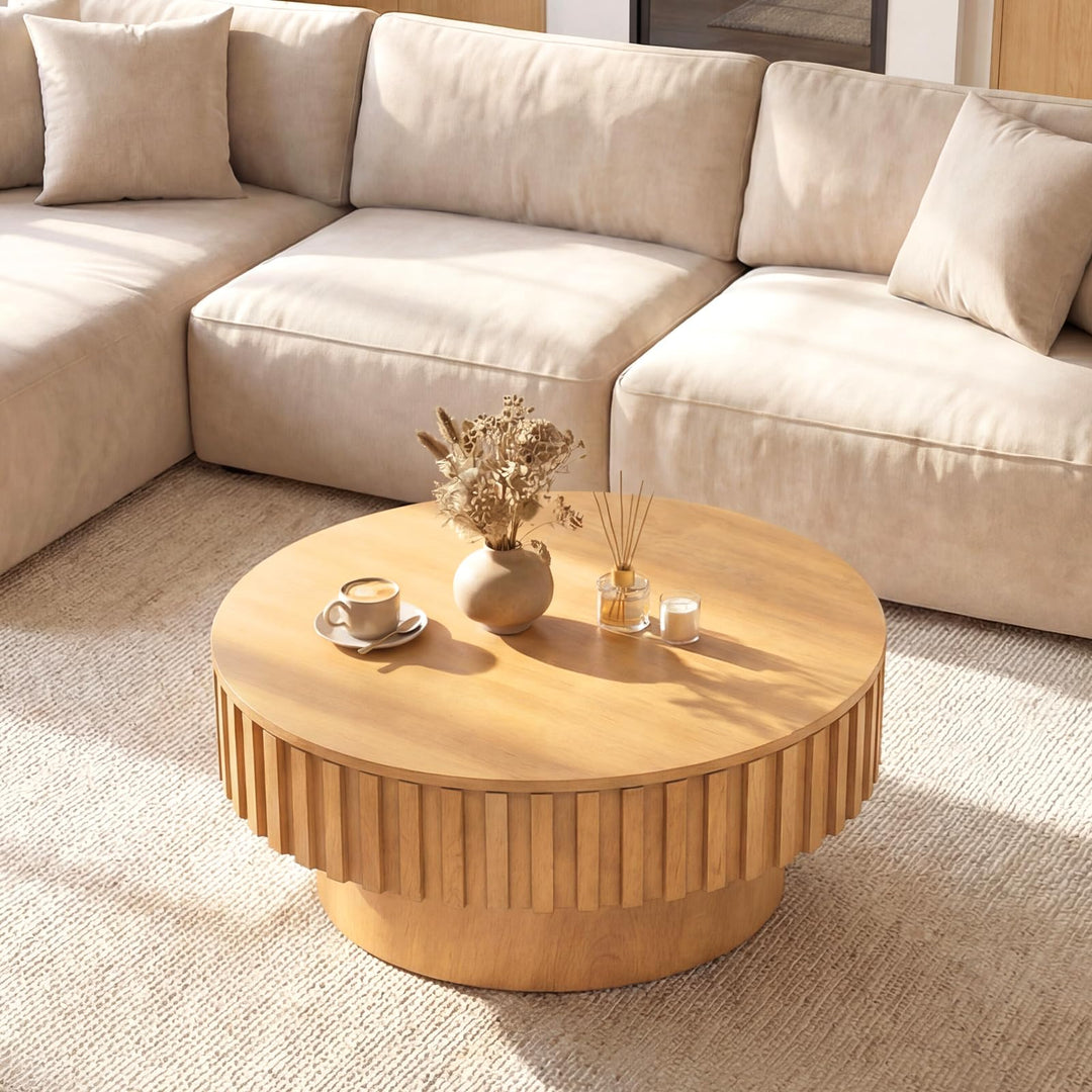 Giantex Round Coffee Table with Storage | Modern Drum Fluted Center Table with Solid Wood Veneered