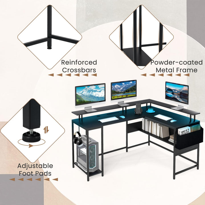 Giantex L Shaped Desk with LED Light & Power Outlets Ergonomic Home Office Desk