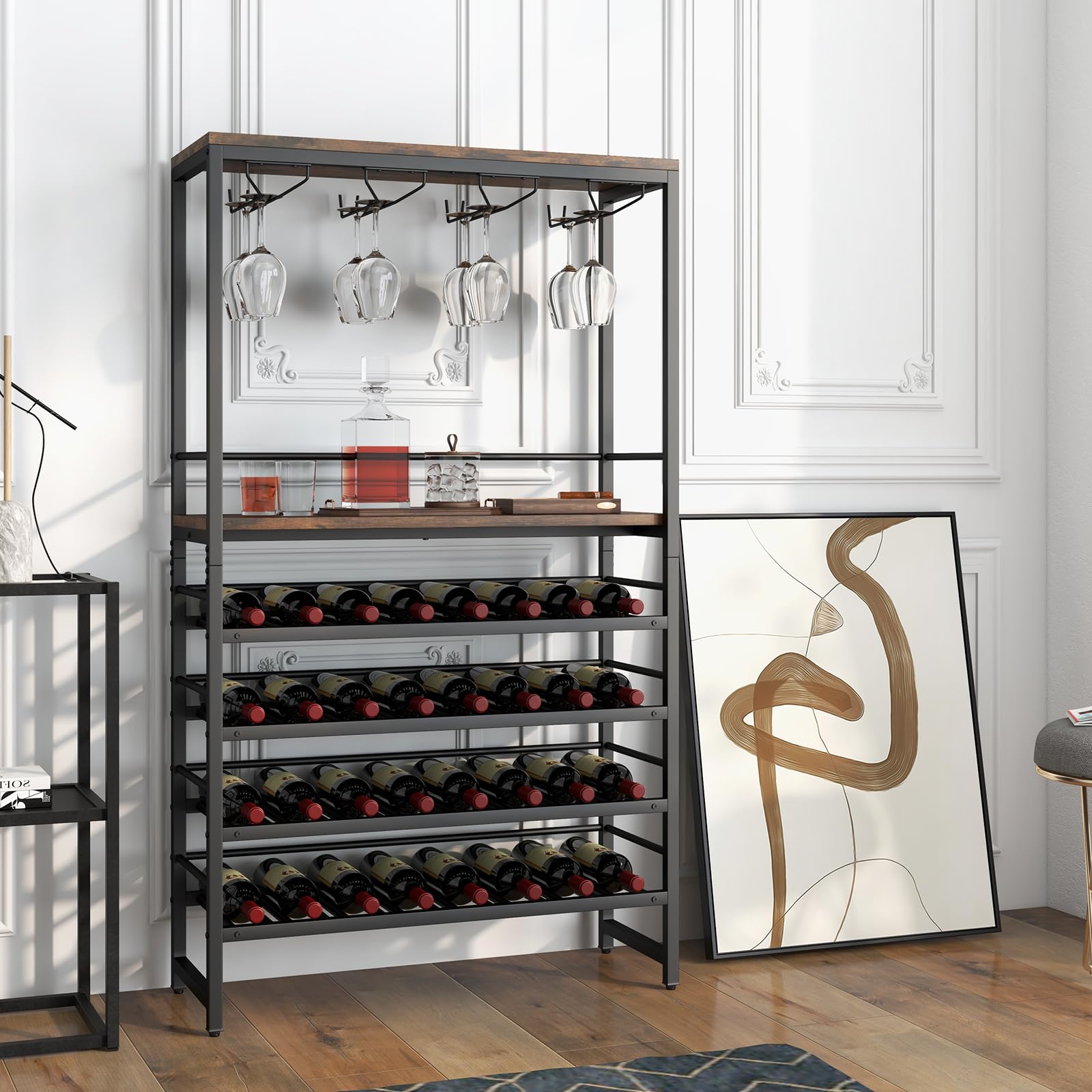 Floor Wine Rack w/ 4-Tier Wine Storage & 4 Rows of Stemware Racks