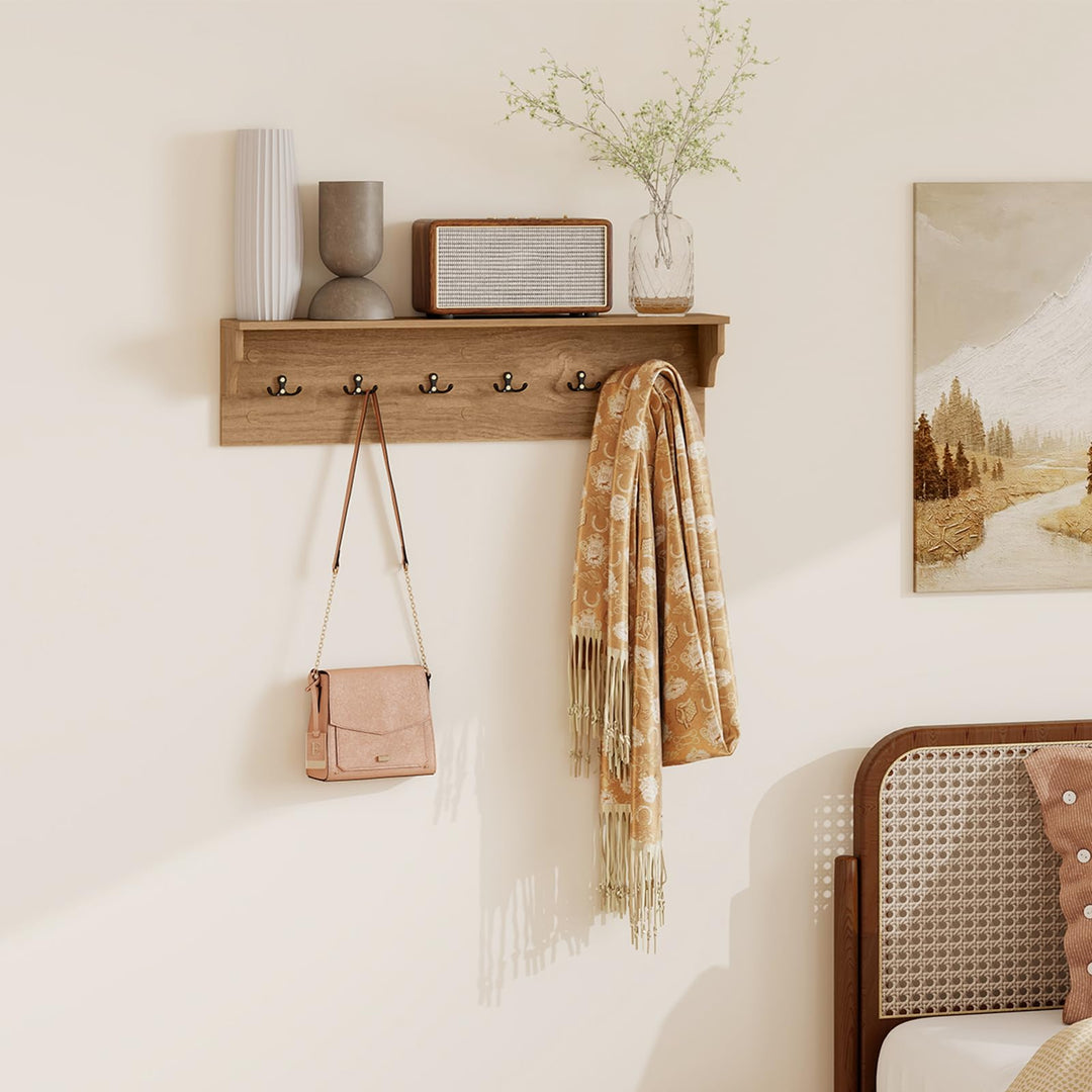 Giantex Wall-Mounted Storage Shelf | 31.5" Wooden Hanging Coat Rack with 6 Hooks