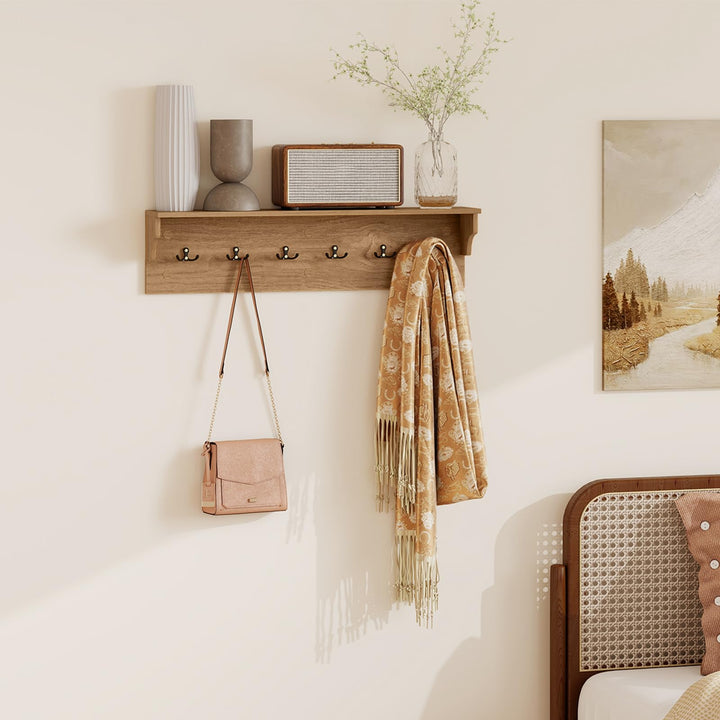 Giantex Wall-Mounted Storage Shelf | 31.5" Wooden Hanging Coat Rack with 6 Hooks
