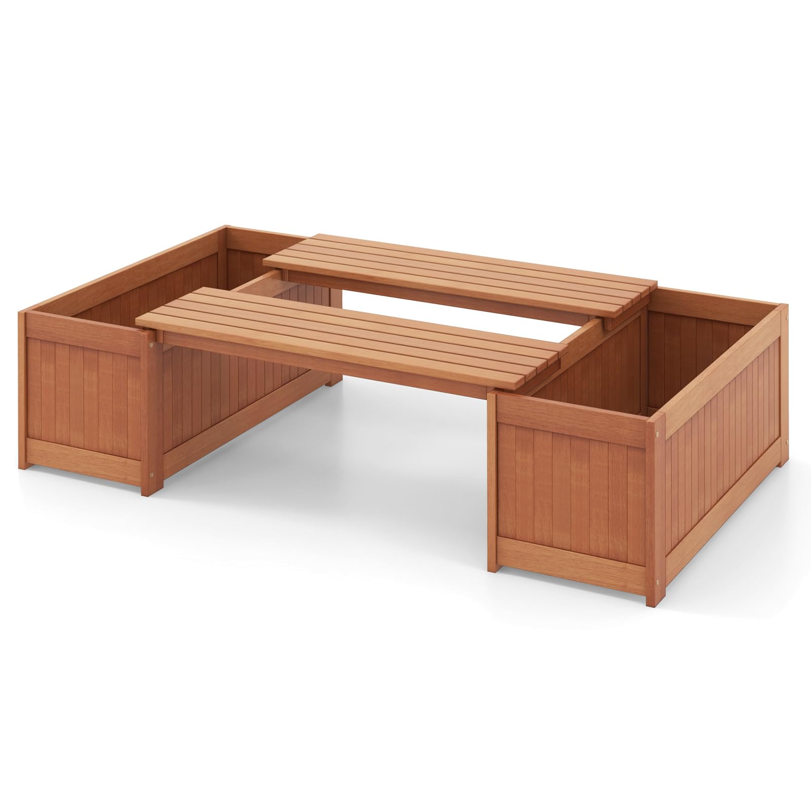 Giantex 2-in-1 Outdoor Bench, Wood Raised Garden Bed with Open Base, Teak Oil Finish
