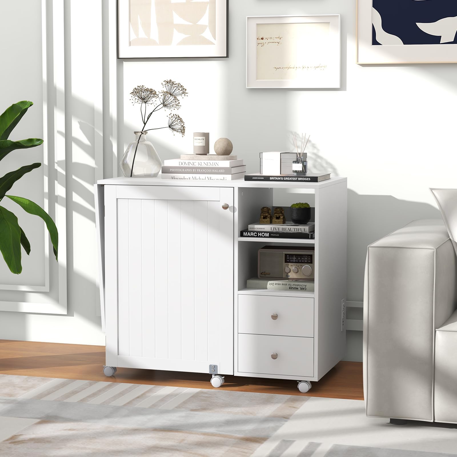 Giantex Folding Sewing Table with Charging Station, Rolling Craft Table with Storage Shelves and Drawers