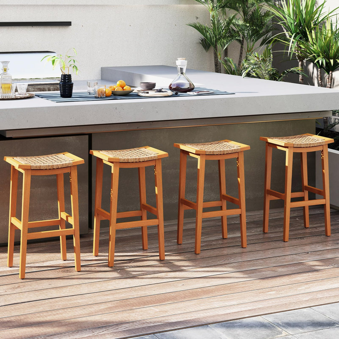 Giantex Outdoor Wooden 29" Bar Stools Set of 2/4 Backless Patio Barstools with PE Rattan Saddle Seat & Footrest