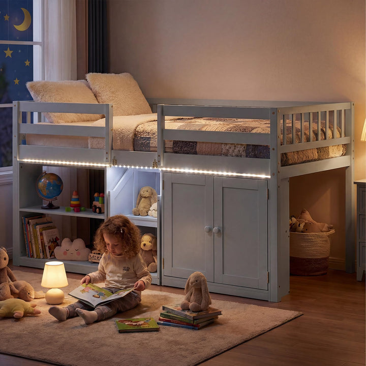 Giantex Low Loft Bed Twin Size with LED Lights, Wooden Bed Frame