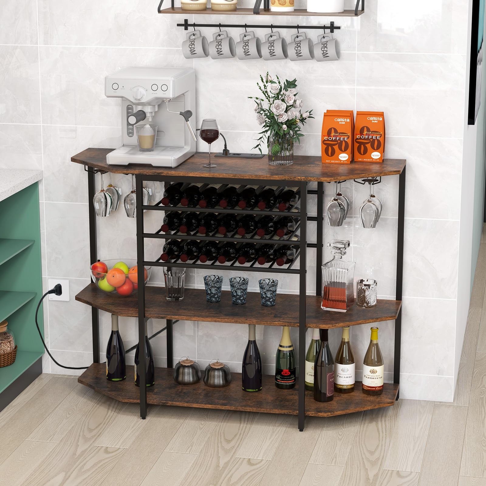 Giantex Wine Bar Cabinet with Power Outlet, Mini Coffee Bar Stand Table with 21 Bottle Wine Rack & Glass Holders