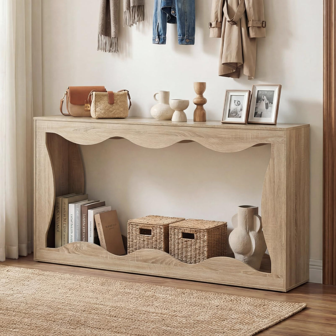 Giantex 63" Farmhouse Console Table | 2-Tier Wavy Entryway Table with Built-in Storage Space