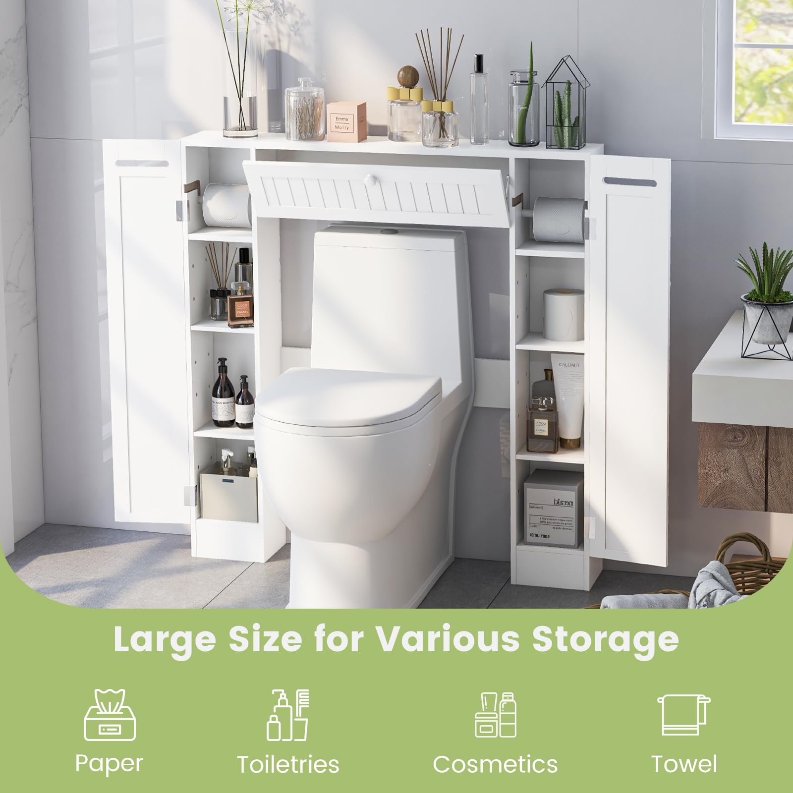 Over-The-Toilet Rack Bathroom Shelf Storage Cabinet Wooden Drop Door Freestanding Spacesaver Improvements, White
